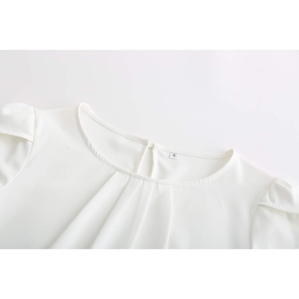 Women's Chiffon Pleated Cap Sleeve Blouse Curved Hem Casual Office Wear - Picture 3 of 5